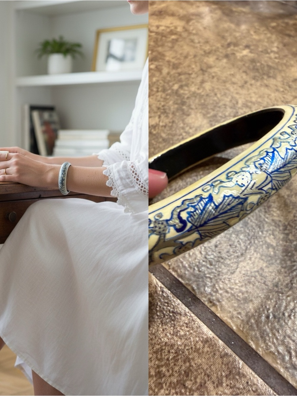 Blue and Cream Floral Carved Bangle Bracelet